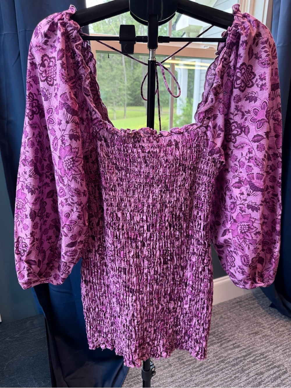 Free People Smock It To Me Mini Dress Purple Floral Puff Sleeve EUC *No Size Tag